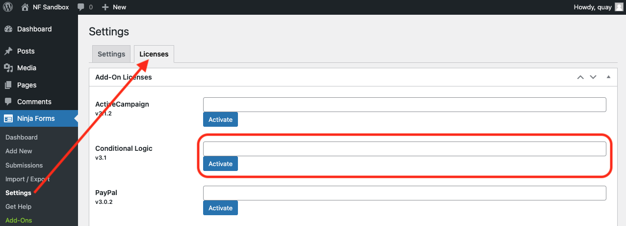 image of the Ninja Forms > Settings > Licenses tab in a WordPress website with the space to copy the license key into highlighted